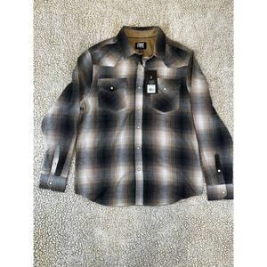 Frye Mens Medium Western Snap Shirt Camel Gray Plaid Workwear Long Sleeve NWT